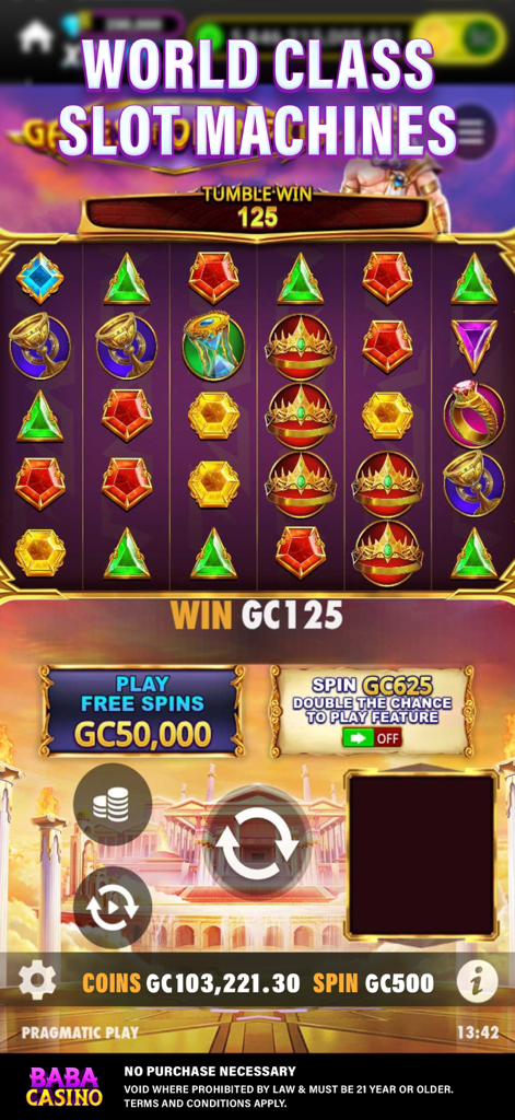 Screenshot of Baba Casino showing world class slot machines with colorful gems and winning bonuses