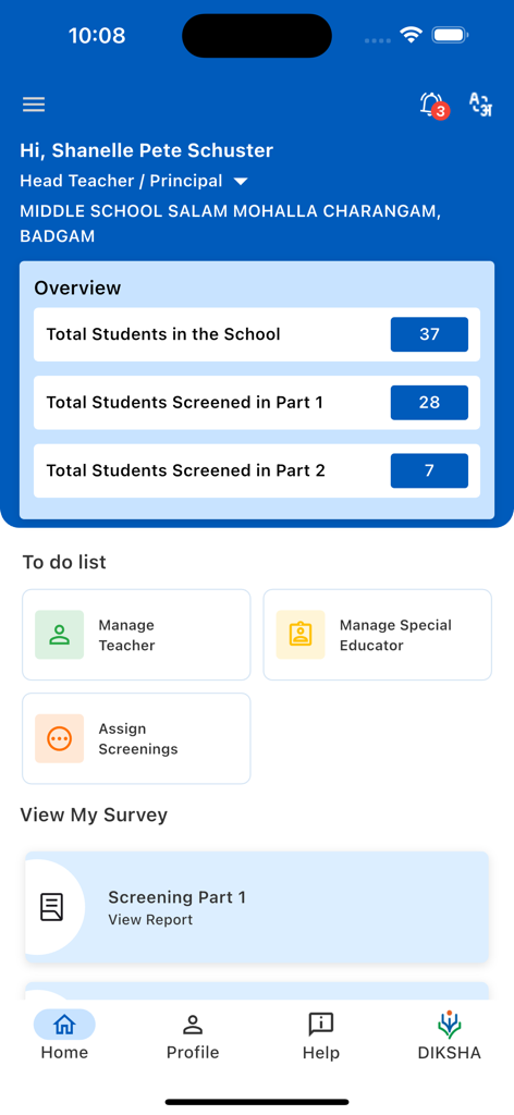 Prashast app home screen for head teachers displaying school screening overview and task management list