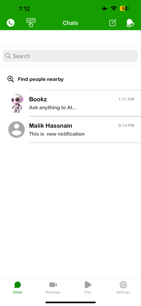 NZ Chat - Interfaz de la app NZ Chat mostrando una lista de mensajes y un chatbot de IA