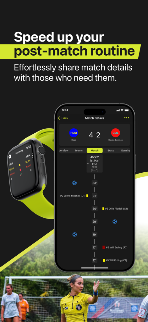 REFSIX - Soccer Referee app - REFSIX soccer referee app displaying match details and event timeline on iPhone and Apple Watch