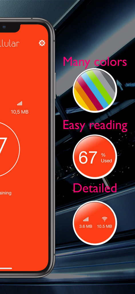 Interfaz de la aplicación Data Cellular Counter que muestra el porcentaje de uso de datos y funciones de personalización como colores e informes detallados