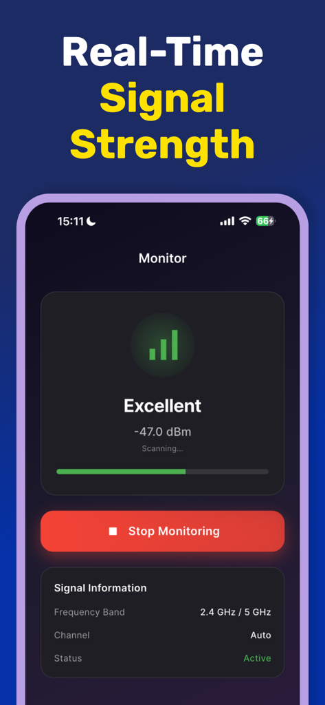 RF Signal Detector - RF信号検出器アプリが、-47 dBmのリアルタイム信号強度を優れたステータスでモニター画面に表示しています