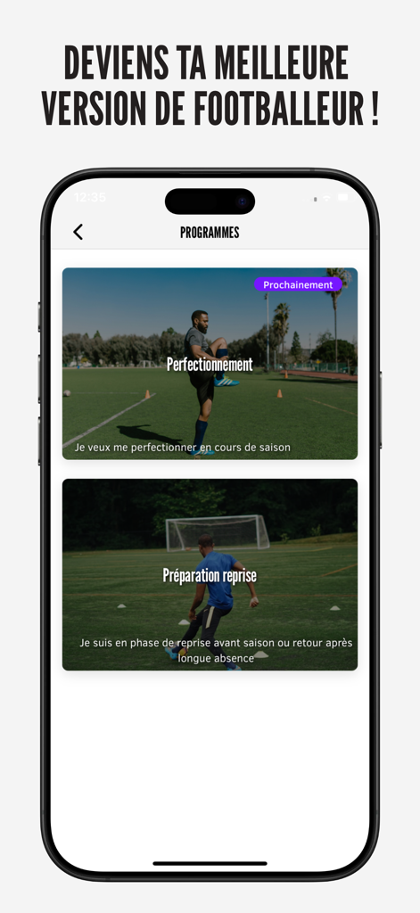 Coachr : Entrainement Football - Interface do aplicativo Coachr mostrando opções de programas de treino de futebol em uma tela de smartphone