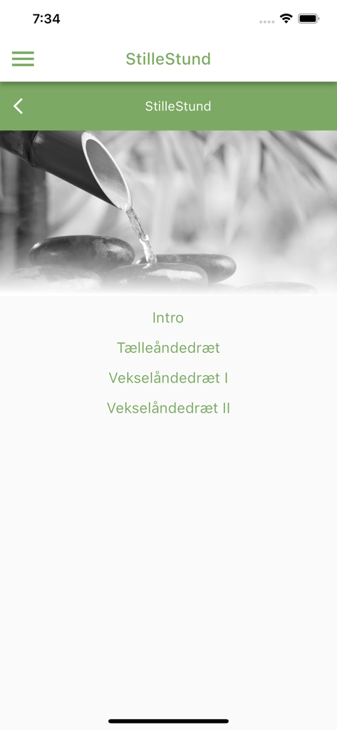 A menu of guided breathing exercises in the StilleStund app featuring a zen water fountain background.