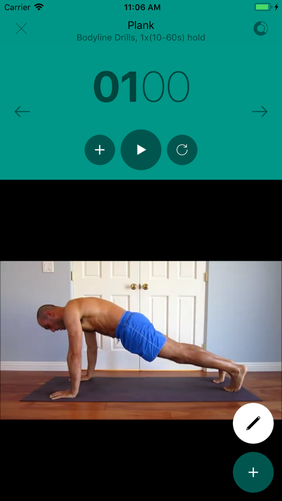 Bodyweight Fitness - Bodyweight Fitness app showing a plank exercise instructional video and a sixty second countdown timer