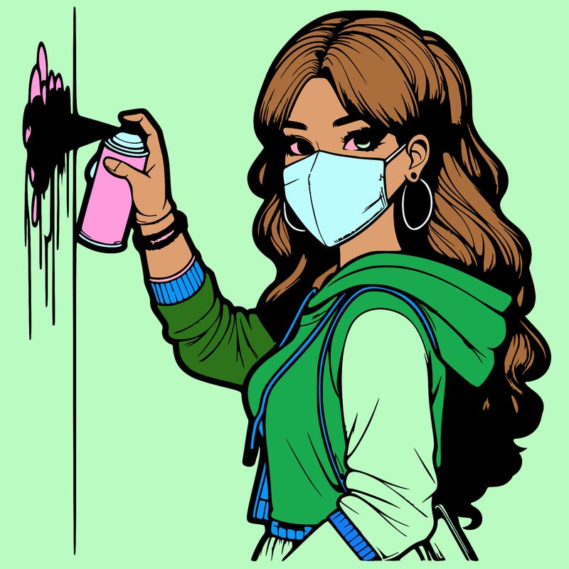 realistic girl with mask spray painting a wall