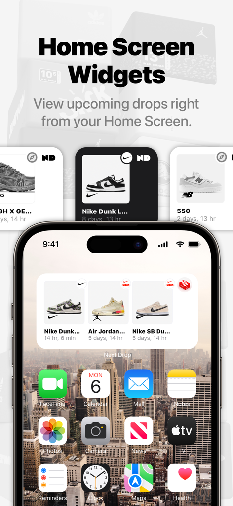 Next Drop – Sneaker Releases - Next Drop sneaker release widgets on an iPhone home screen showing upcoming drops and countdowns