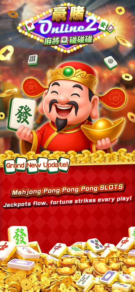 Casino M 2 promotional screen showing a cheerful God of Fortune character with Mahjong tiles and gold coins.
