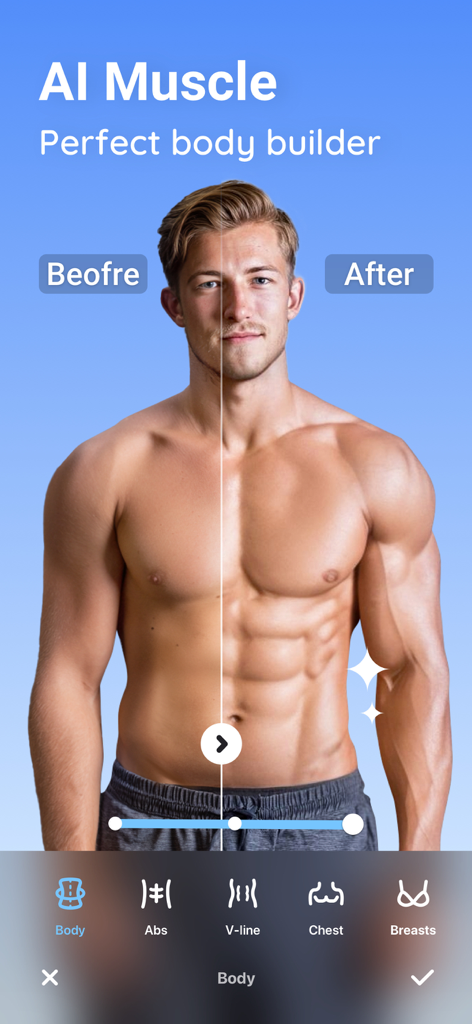 Before and after comparison of a man using the AI muscle and body enhancement features in the Peachy app