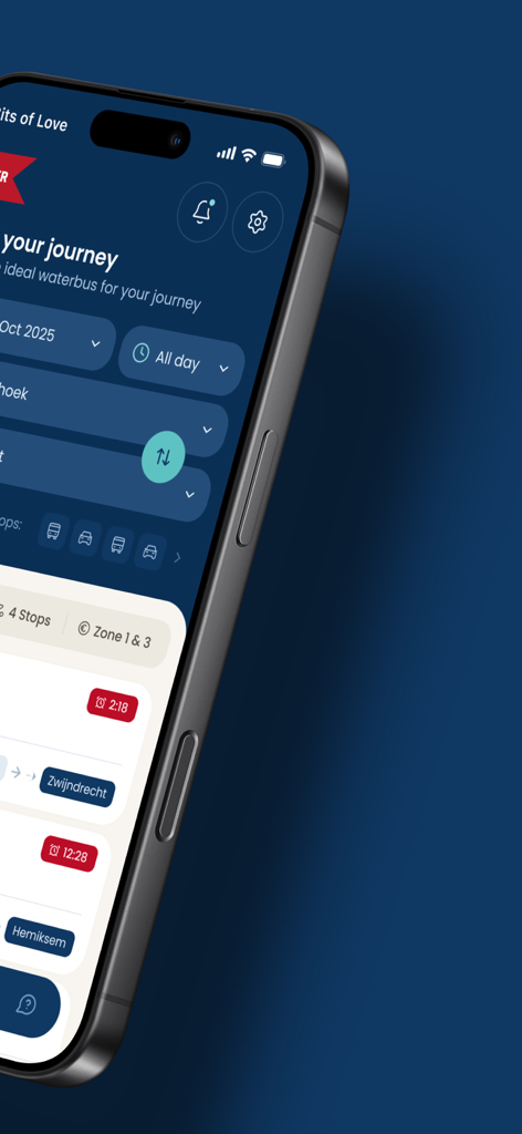 DeWaterbus - DeWaterbusモバイルアプリのウォーターバス旅程計画および時刻表表示画面