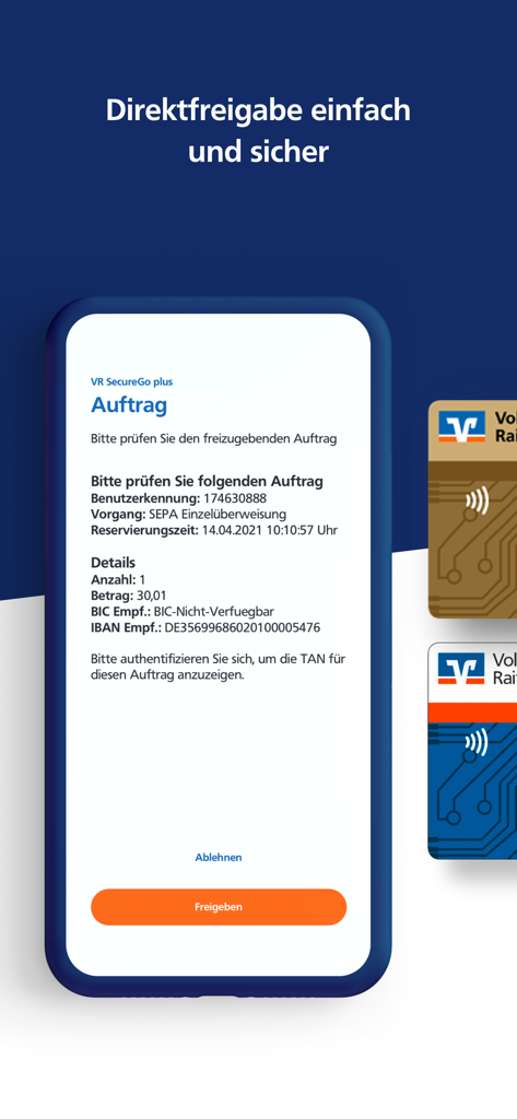 Smartphone screen showing the VR SecureGo plus app interface for authorizing a SEPA transfer with approve and reject buttons