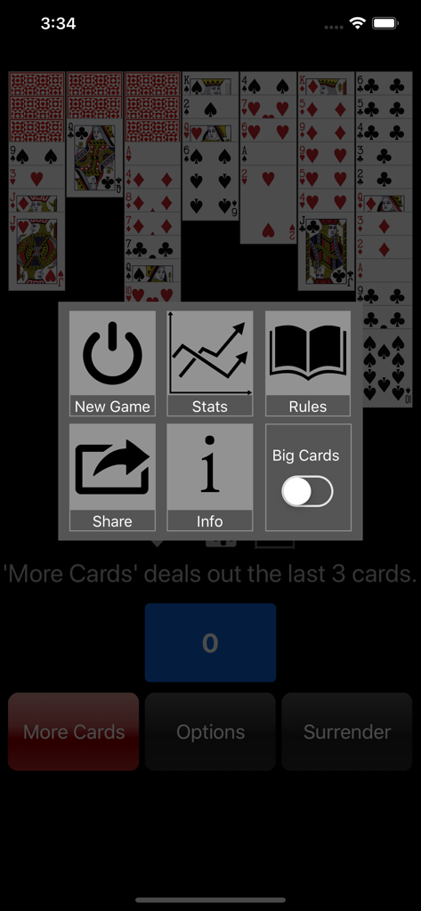 Menu do jogo Scorpion Solitaire com opções de estatísticas, regras e cartas grandes