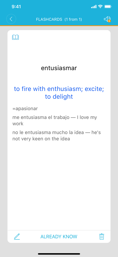 A mobile app flashcard showing the Spanish verb entusiasmar with its English definitions and context examples for language learning.