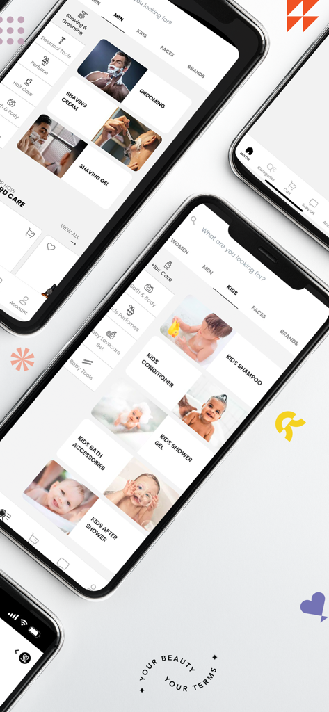 Interfaccia dell'app mobile di Feel22 che mostra categorie di shopping per la cura maschile e prodotti da bagno e capelli per bambini.