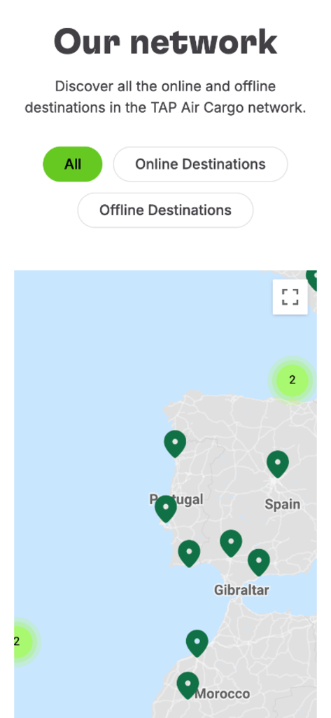 TAP Cargo - TAP Cargo app map interface showing online and offline shipping destinations