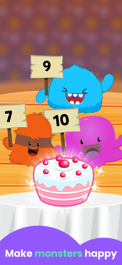 Drei bunte Monster, die hinter einem rosa Zuckergusskuchen mit der Aufschrift Make monsters happy Zahlen-Schilder halten