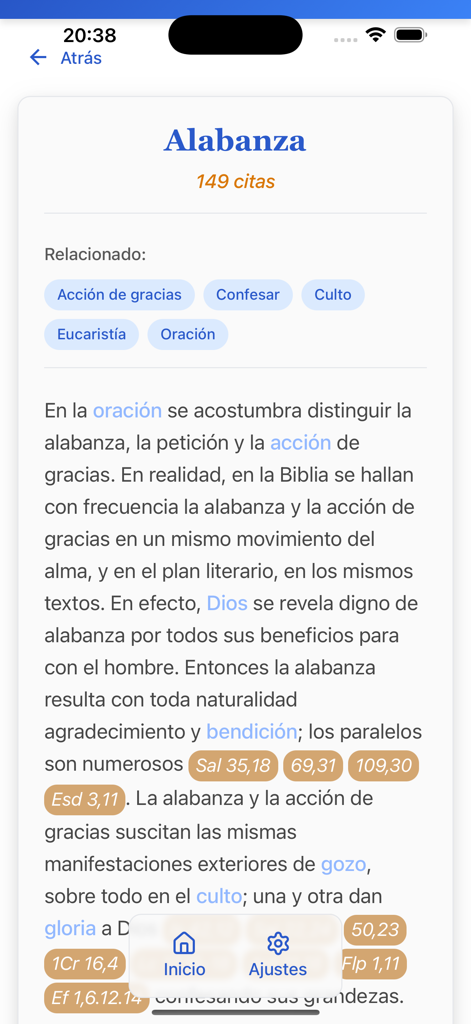 León Dufour: Biblia Jerusalén - Screenshot of the Leon Dufour Biblical Theology Vocabulary app showing the entry for Alabanza with theological definitions and Bible citations.
