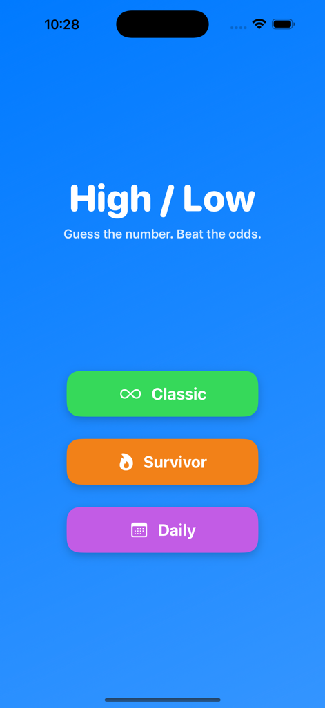 Pantalla del menú principal del Juego de Adivinar Mayor o Menor mostrando los modos de juego Clásico, Superviviente y Diario sobre un fondo azul.