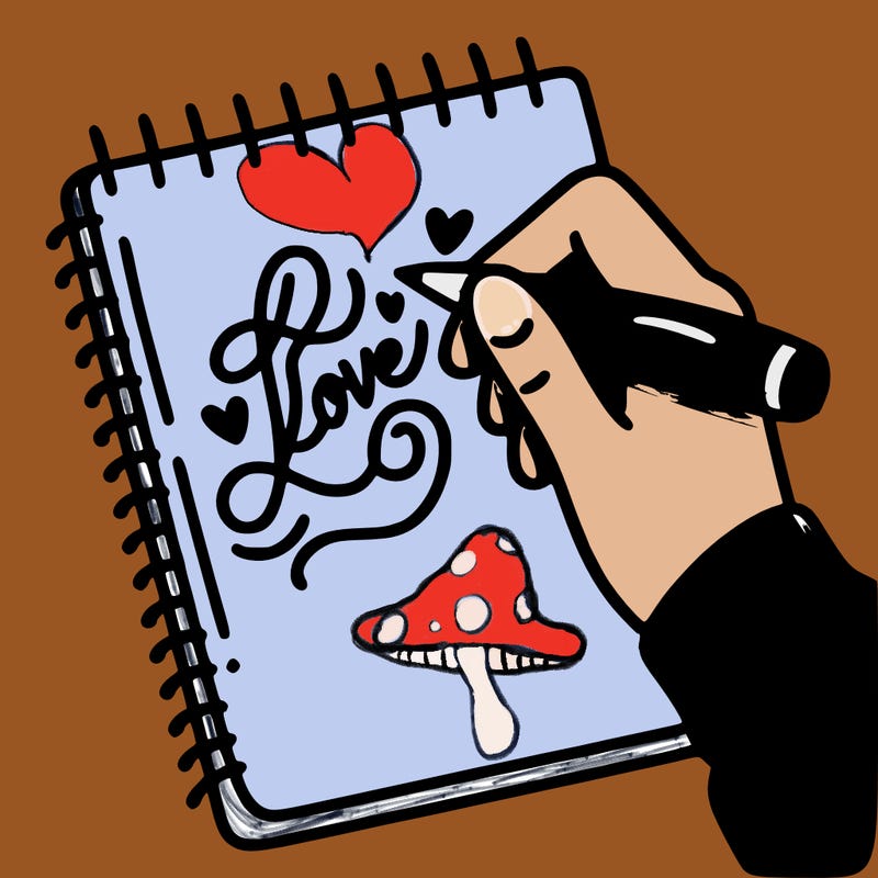 a hand writing “love” in calligraphy on a notebook