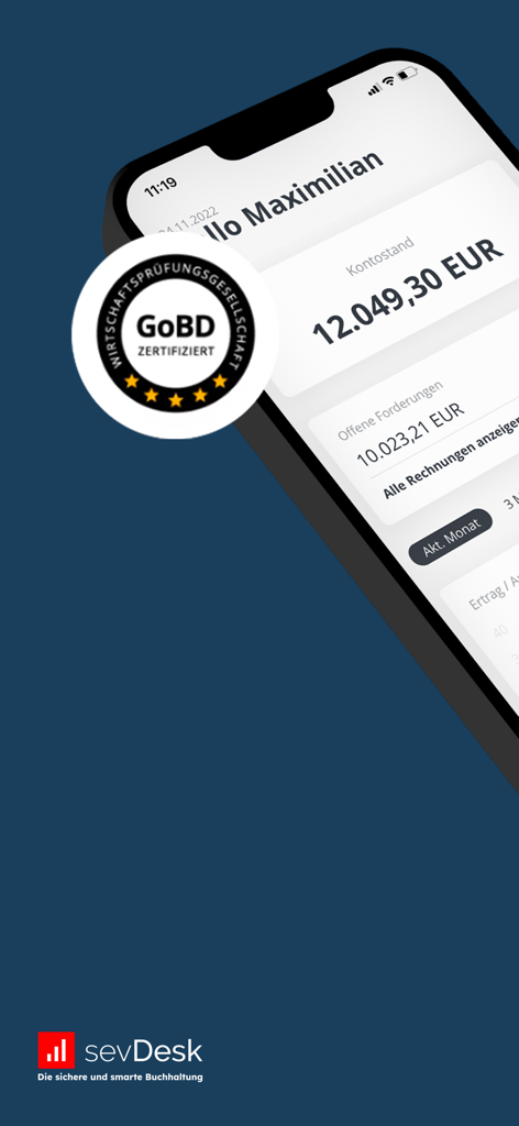 sevDesk - Tableau de bord de l'application mobile sevDesk affichant le solde du compte et les créances ouvertes