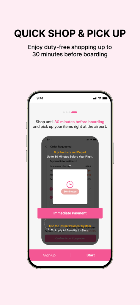 A mobile app interface for Incheon Airport Duty Free showing quick shopping and pickup options before boarding.