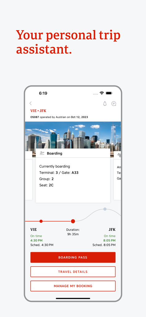 Austrian Airlines mobile app displaying flight boarding information from Vienna to New York JFK.