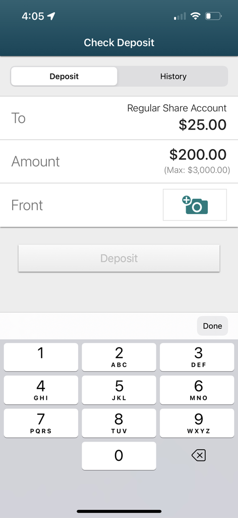 Oberfläche für die mobile Scheckeinreichungsfunktion in der Essential CU App