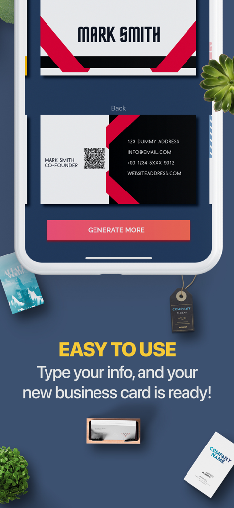 AI Business Card Maker QR - QRコード付きのプロフェッショナルな名刺デザインを示すインターフェイス