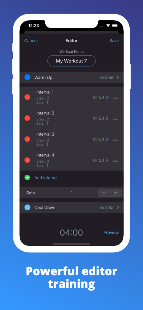 TimeFit - Interval Timer - Smartphone display showing the TimeFit interval workout editor with custom training intervals