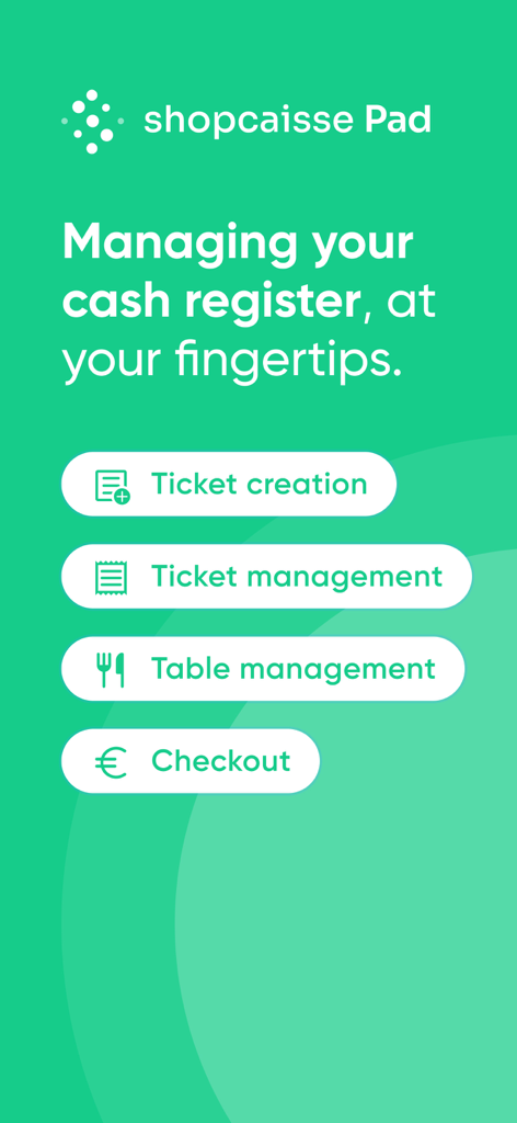 Écran de l'application Shopcaisse Pad affichant les fonctionnalités de gestion de caisse mobile telles que la gestion des tickets et des tables