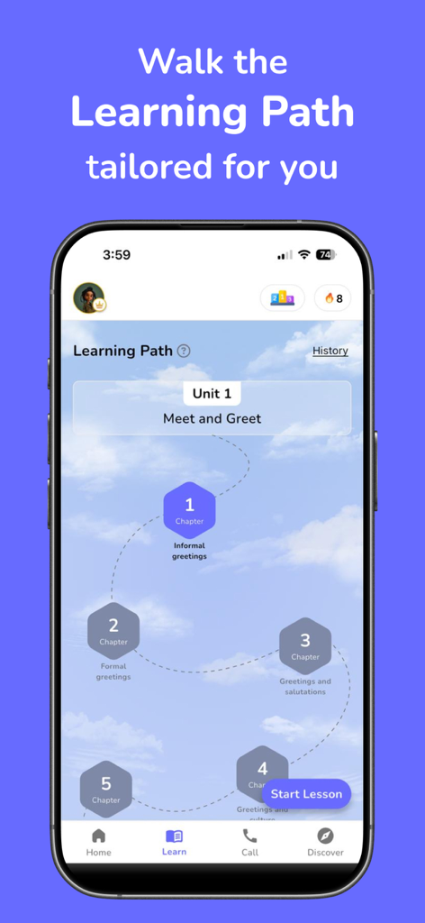 MySivi AI English Speaking App - MySivi AI英語スピーキングアプリのインターフェースのスクリーンショット。カスタマイズされた学習パスで、一連のゲーミフィケーションされたレッスンを表示している。