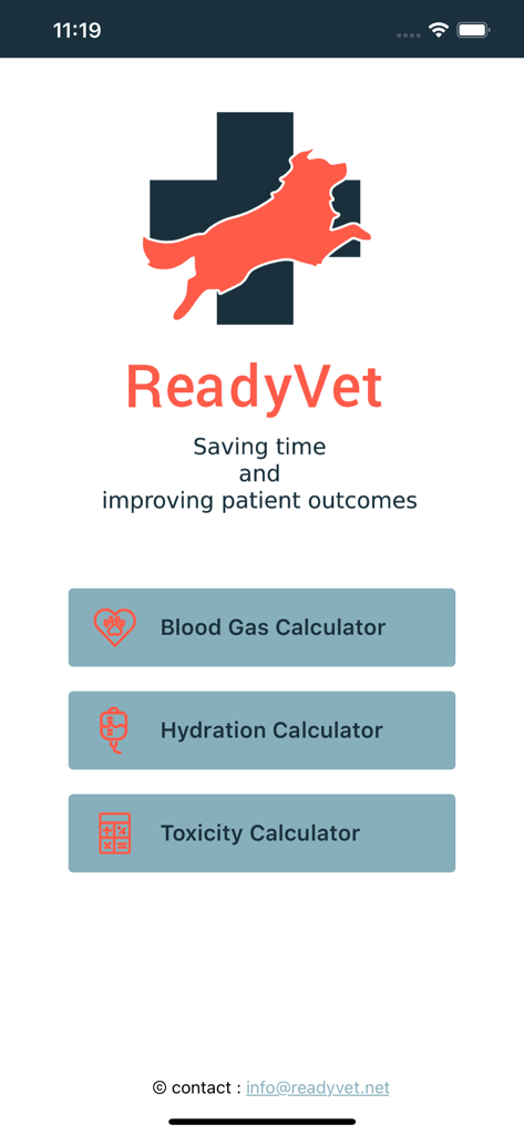 Tela inicial do aplicativo móvel ReadyVet mostrando botões para calculadoras de gases sanguíneos, hidratação e toxicidade