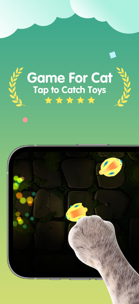 Un chat utilise sa patte pour attraper des jouets numériques colorés sur l'écran d'un smartphone.