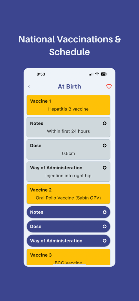 Medinfo: Medical Information - Screenshot of the Medinfo app showing the national vaccination schedule with vaccine doses and administration notes.