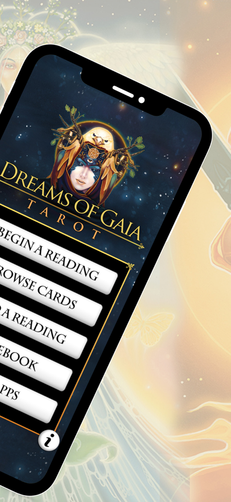 Dreams of Gaia Tarot - Main menu of the Dreams of Gaia Tarot app on a smartphone showing reading and card browsing options.