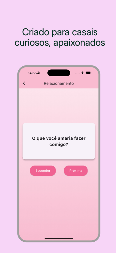 Papo de Amor : Quiz de Casal - Mobile app interface of Papo de Amor showing a relationship question for couples