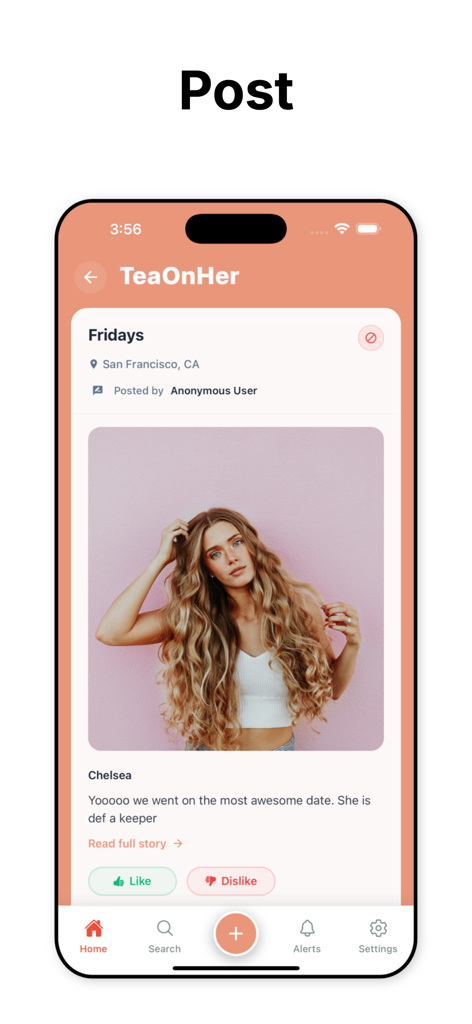 Screenshot of the TeaOnHer app showing a verified anonymous social post with a photo and location tag in San Francisco