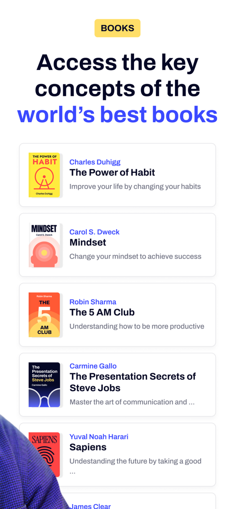 4books: Audiobooks & Podcasts - 4books app screen displaying summaries for world famous books like The Power of Habit and Sapiens