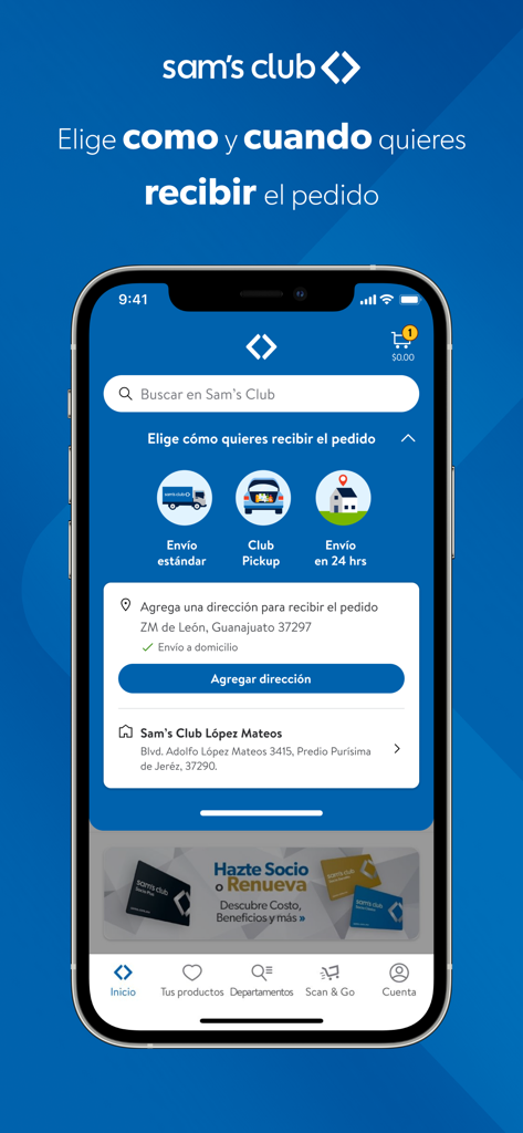 Sam's Club México - Sam's Club Mexiko App-Oberfläche, die Liefer-, Club-Abhol- und 24-Stunden-Versandoptionen anzeigt.