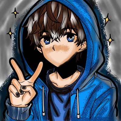 teenage manga boy in a hoodie, doing ✌
