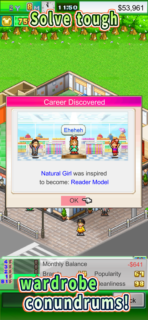 Una finestra pop-up in Pocket Clothier che mostra un personaggio che sblocca il percorso di carriera di Lettore Modello