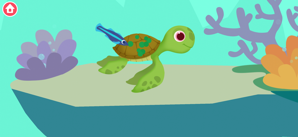 A cartoon sea turtle swimming in the ocean with a small fish and colorful corals