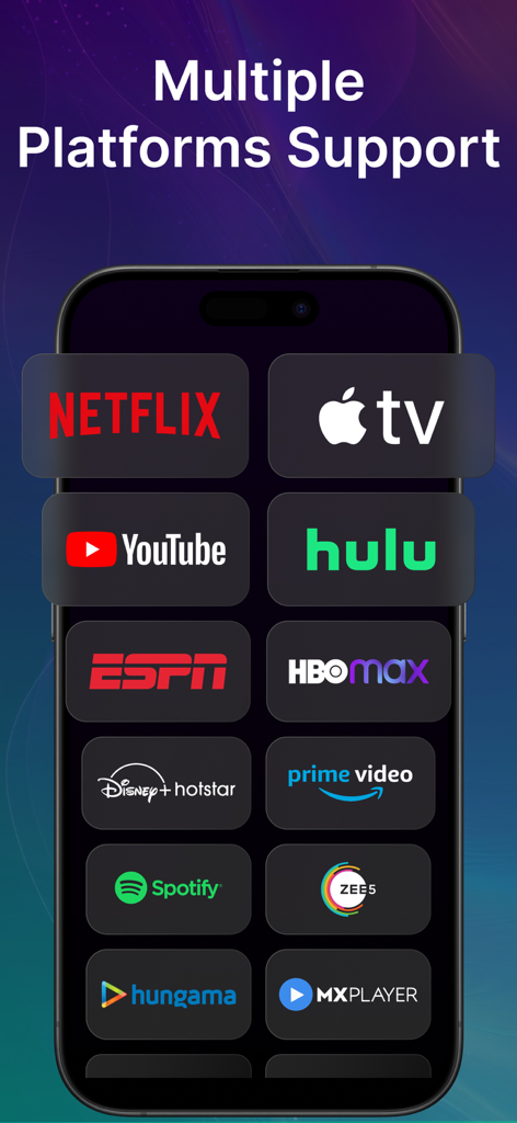 Universal Remote: All Smart TV - Universal Remote app screen showing supported streaming platforms like Netflix and Apple TV