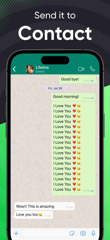 Re Message - Repeat Text 10k - A WhatsApp chat showing a repeated I Love You message generated with the Re Message app