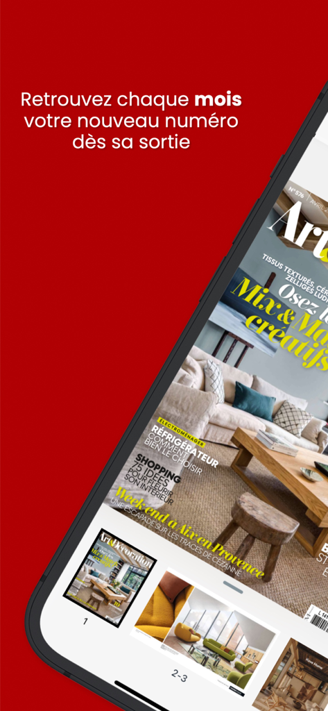 Art and Decoration mobile app displaying a monthly digital magazine issue with French interior design