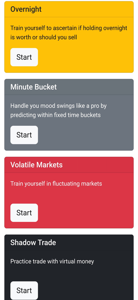 Menu of trading training modes in the Curious Trader NSE app including Shadow Trade and Volatile Markets