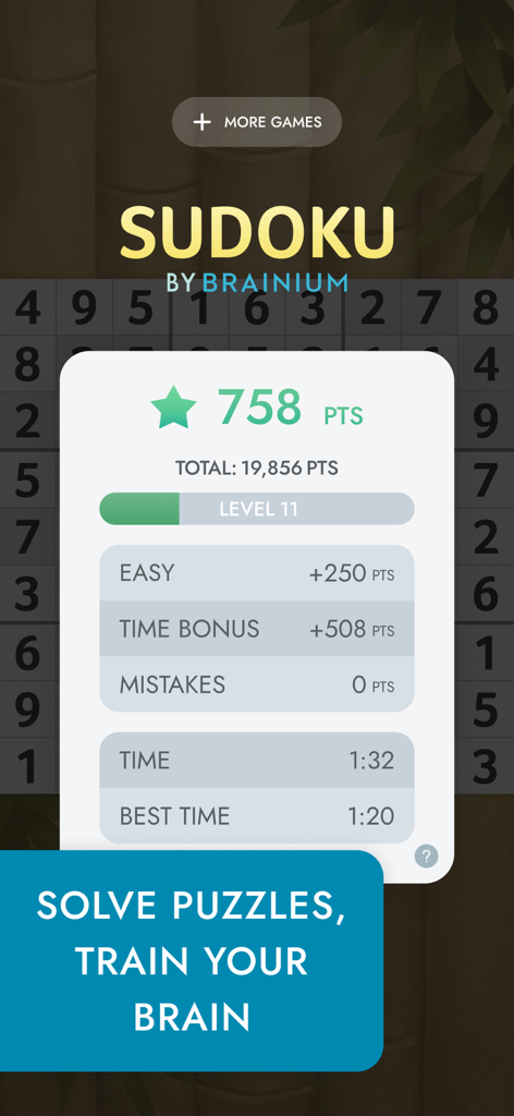Sudoku by Brainium game completion screen showing points time bonus and player statistics