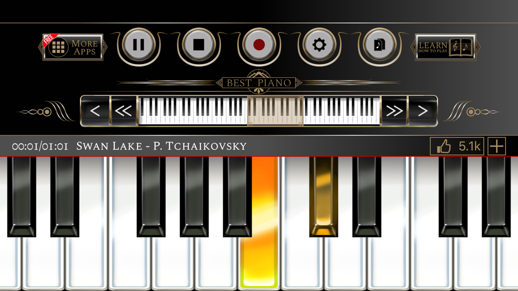 The Best Piano - Interface do aplicativo O Melhor Piano mostrando uma tecla destacada no modo de aprendizado para a música O Lago dos Cisnes de Tchaikovsky.