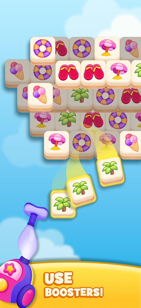 Una captura de pantalla del juego de puzles Tile Tap Master que muestra una herramienta potenciadora de aspiradora limpiando fichas de palmeras de un tablero con temática de verano.