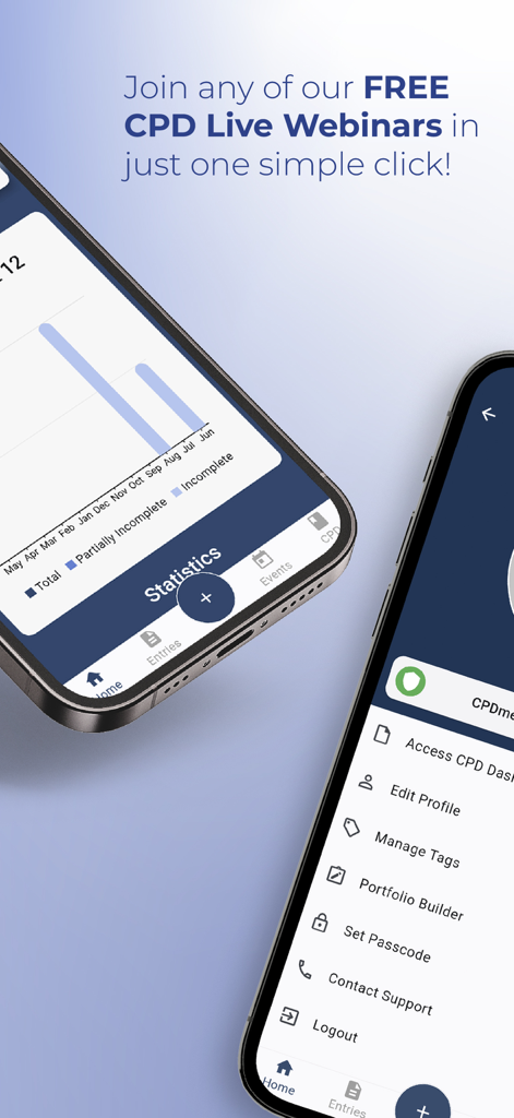 CPD Portfolio - CPD Portfolio app interface showing live webinar access and professional development tracking statistics